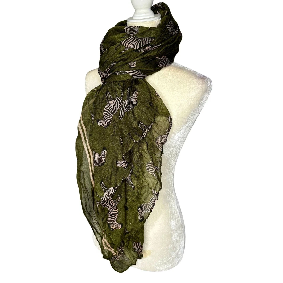 Olive Green Zebra Sheer Scarf Pink Border Stripe Oversize Wrap Beach Cover Up OS