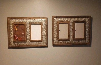  2Tin And Wood Photo Frames Wall Hanging Urban Rustic Holds2 5x7 Pics 17''×13''