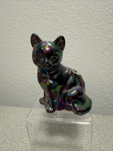 Fenton Carnival Glass Cat Figurine - Iridescent - Hand Painted Artist Signed