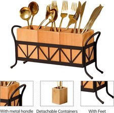 Acacia Wood Utensil Holder Caddy 3 Compartment Metal Frame Kitchen Organizer
