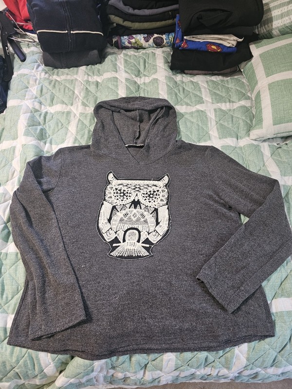 Girls Juniors XL Hooded Long Sleeve Shirt Owl Charcoal Grey