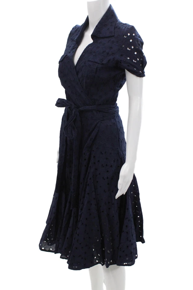 Vestido feminino Diane Von Furstenberg azul escuro gola de algodão tamanho 8 - Imagem 2 de 4