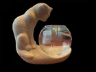 Vtg MCM Style Haeger Pottery Cat Fishbowl Planter Textured  Ceramic Glass Bowl
