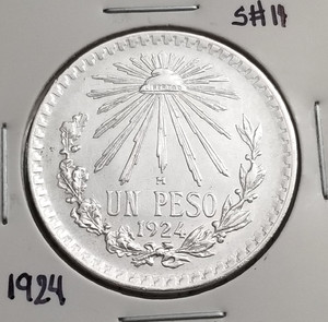 Mexico 1 Peso 1924 .720 Coin Silver, Low date, Un Peso Plata .720, Fecha Baja.