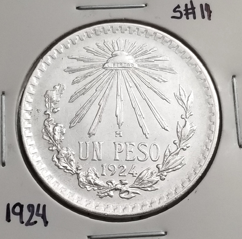 Mexico 1 Peso 1924 .720 Coin Silver, Low date, Un Peso Plata .720, Fecha Baja.