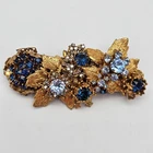 Vintage Miriam Haskell Signed Blue Floral Gold Leaf Spray Brooch