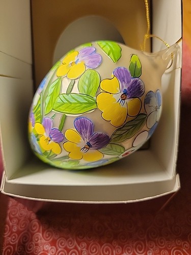 Sacred Season Oval Egg Hand Painted Glass PATIENCE 5" spring Floral Ladybug - Picture 2 of 10