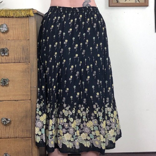 Vintage Cotton Gauze Hippie Skirt, 1990s Black Floral Indian Cotton Midi, OS - Picture 7 of 12