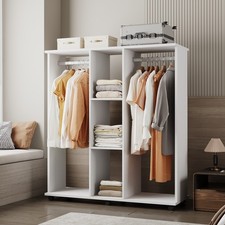 Mobile Open Wardrobe Storage Shelves w/ Wheels Clothes Hanging Rail 2/3 Section