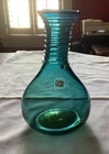 BLENKO Teal Art Glass Vase w/ Applied Green Spiral Neck + BLENKO Label
