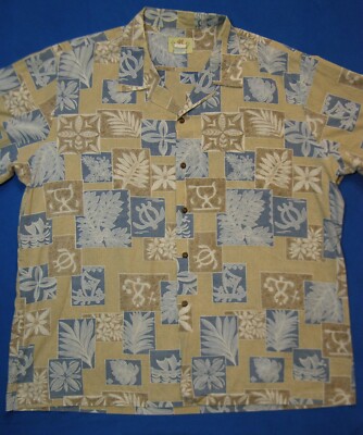Attitude Hawaiian Aloha Shirt Blocks Canoists Turtles Plants White Blue Gold XL