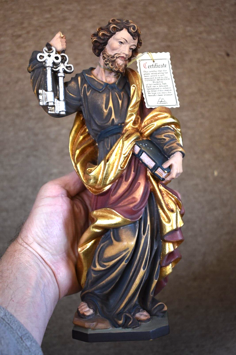 Hand Carved Wood Statue of St. Peter by Conrad Moroder, with COA