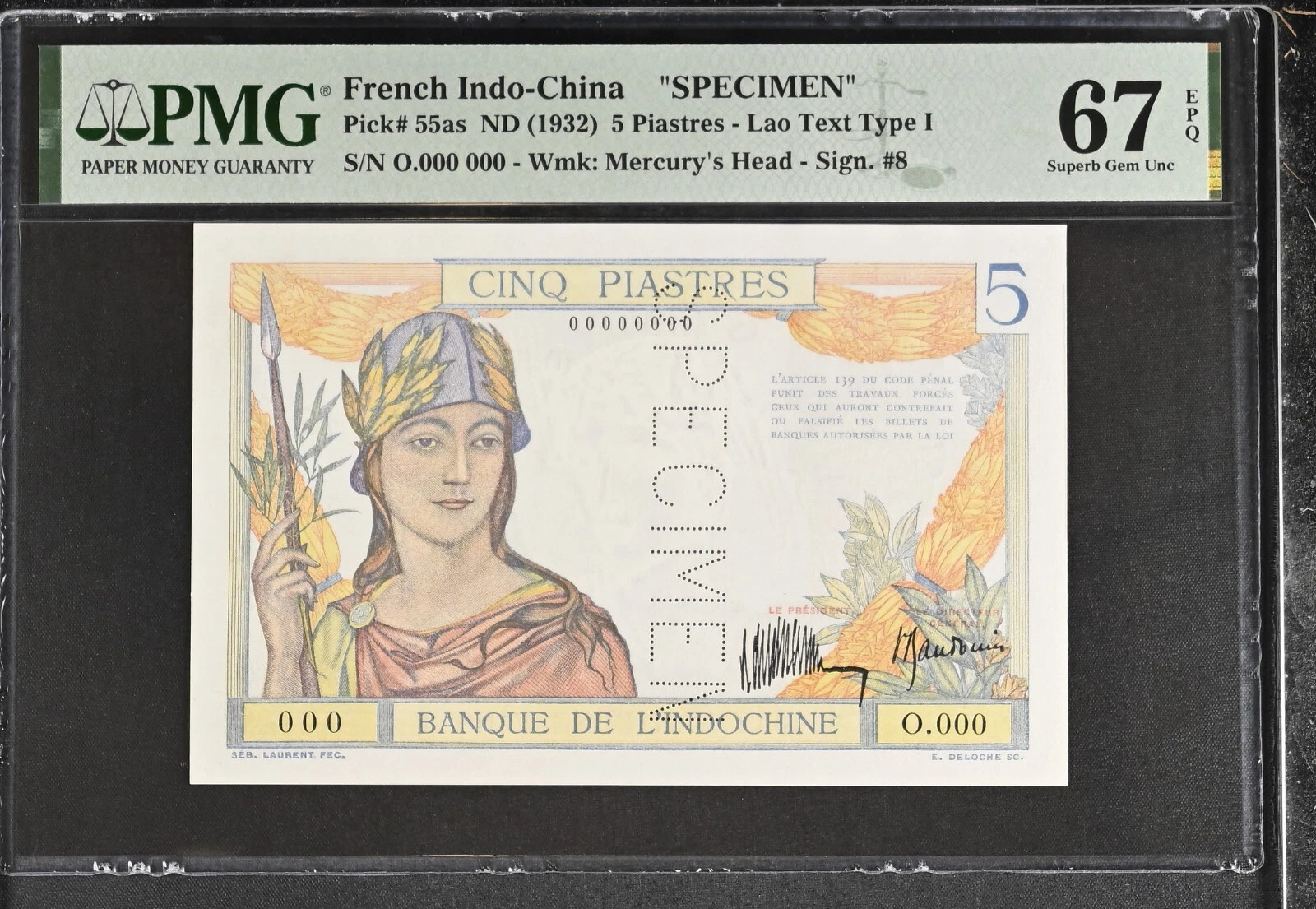 Indo-China SPECIMEN 5 Piastres ND (1932) P # 55as Lao Text Type I PMG 67 TOP POP