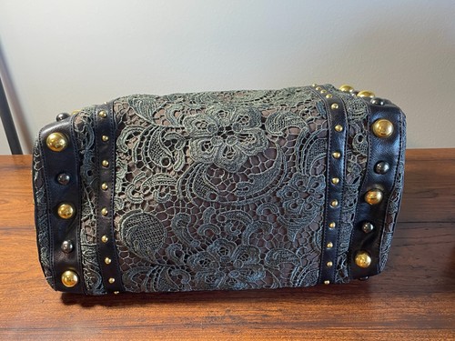 NWT Big Buddha Black Satchel Green Lace Handbag Purse Gold Beads Tassel Vintage - Picture 13 of 20