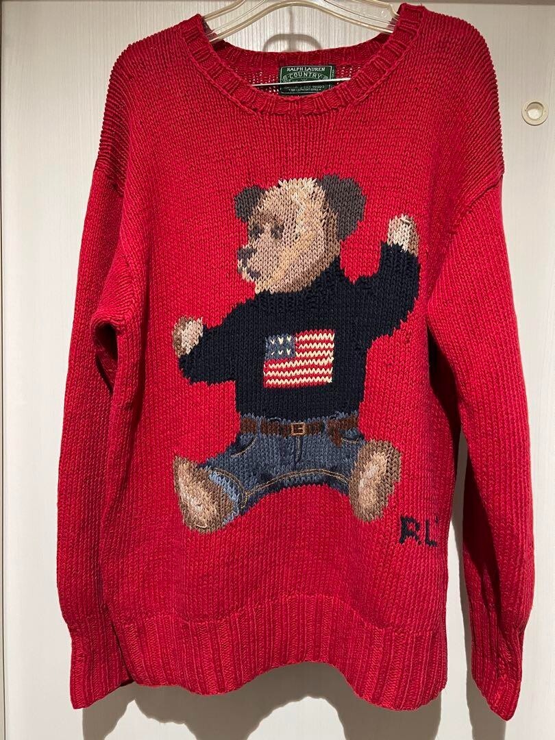 Vintage RALPH LAUREN COUNTRY Polo Bear Knit Sweater RL92 Red 