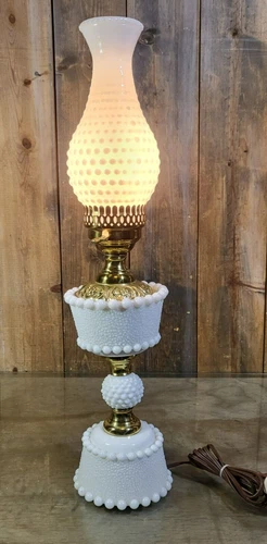 Vintage 24" Milk Glass Electric Table Lamp Hobnail Pattern Hurricane Light