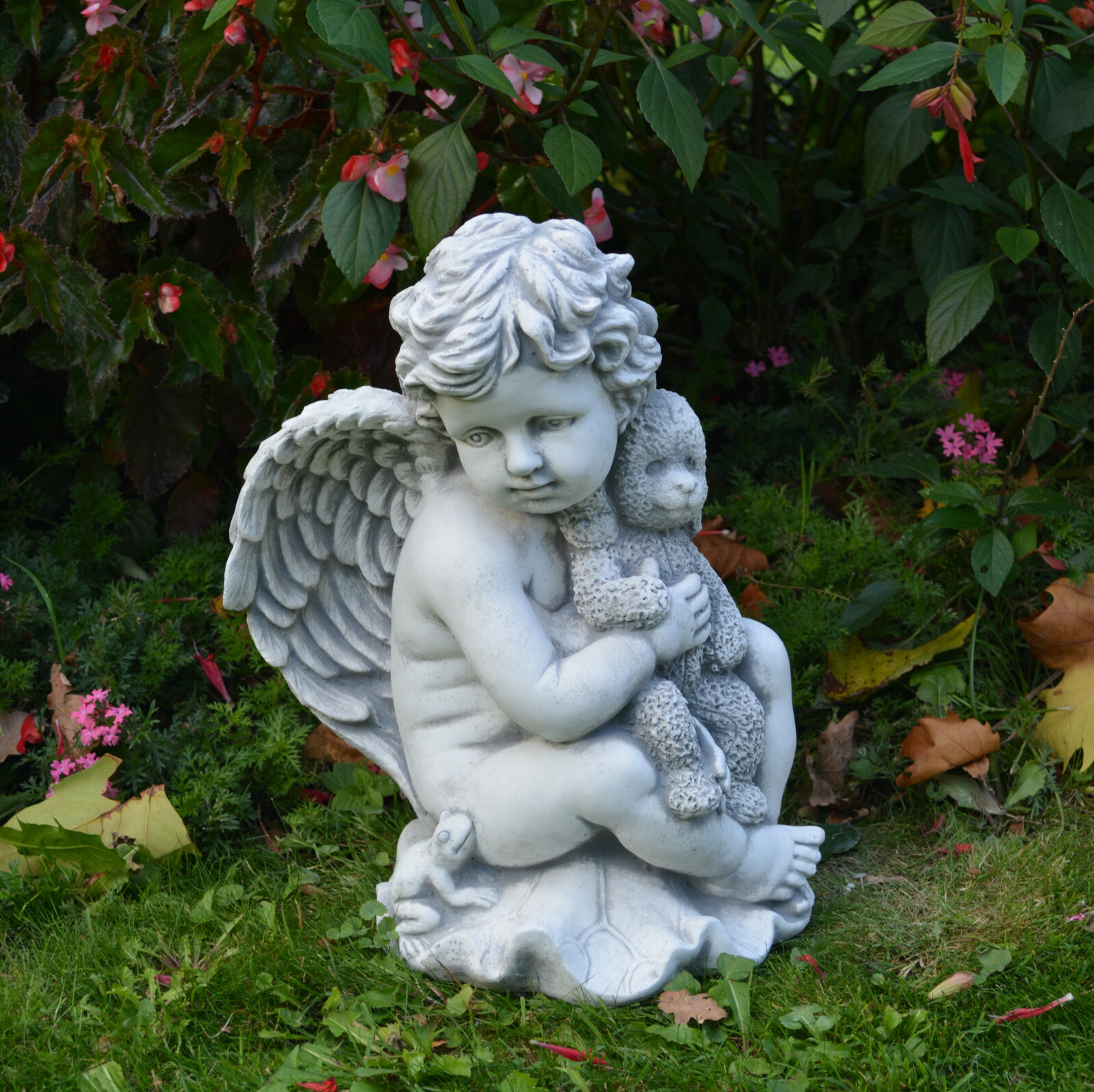 Angel with teddy grave decoration stone figure 34 cm 13 kg grey white concret...