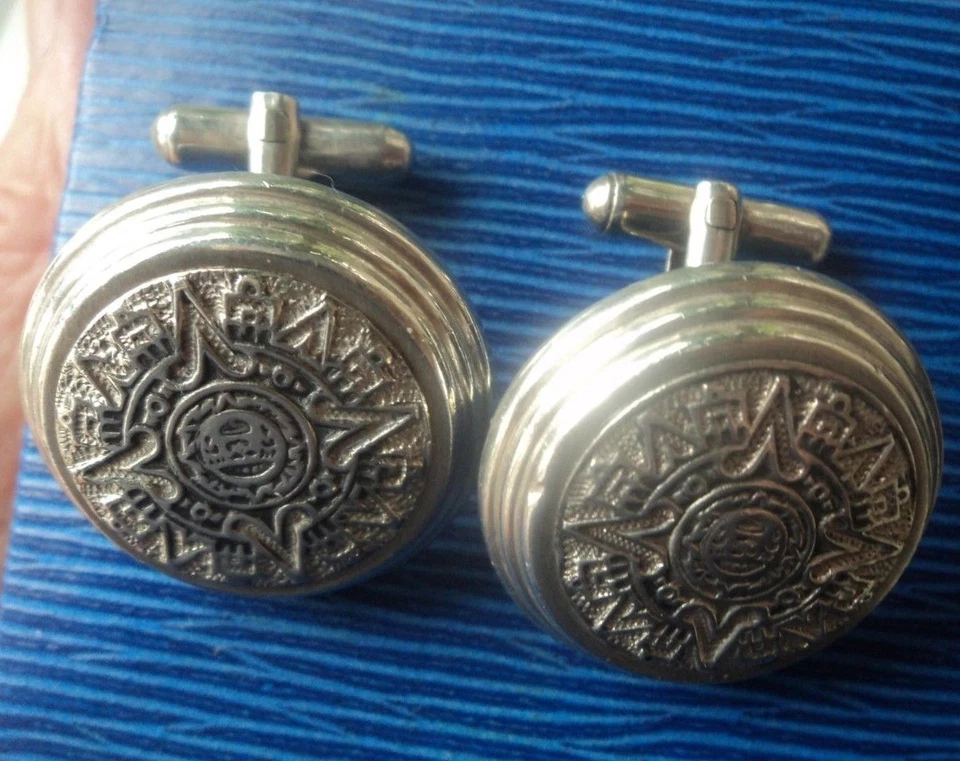 Gemelli In Argento Sterling Messicani Con Motivo Grande Vintage Messico - Immagine 2 di 4