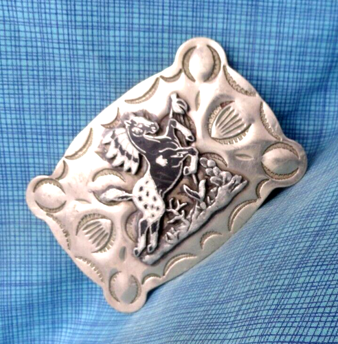 War Pony Belt Buckle Horse Native Style Tooled Nickel Silver Vtg 70s B-K .NOX796