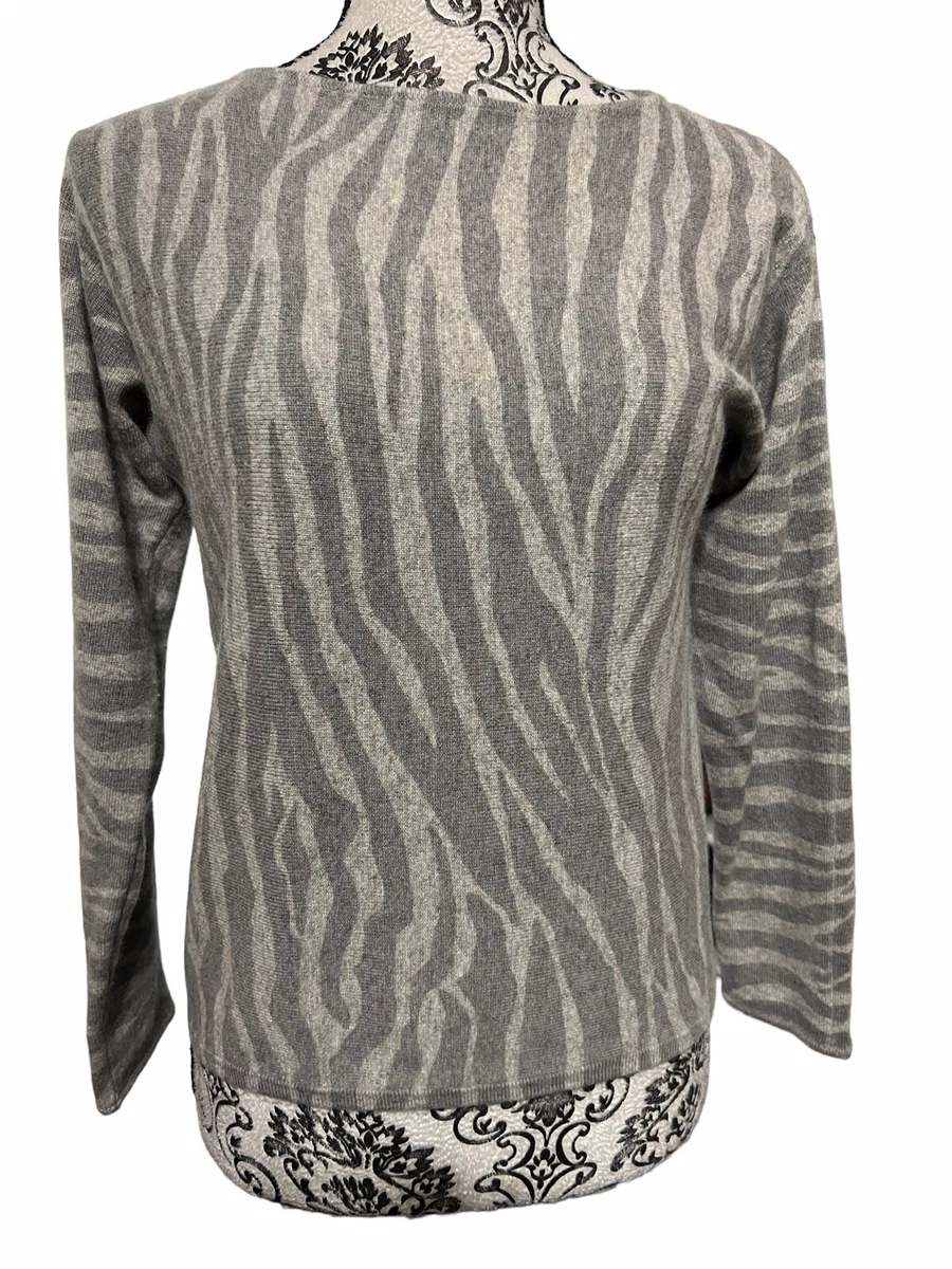 Anne Klein 100 Cashmere Sweater Women s PS Long Sleeve Tiger Print Gray
