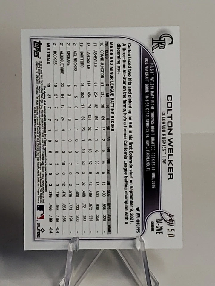 COLTON WELKER 2022 Topps Chrome  Gold Refractor Rookie Auto /50 Rockies RC  - Image 2 of 3