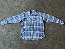 Panhandle Slim Shirt Mens XL Blue Plaid Pearl Snap Western 17 1/2 X 36 Made USA