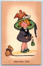 Little Girl Postcard Chicken Hen On Top Hat Another Eoo c1910's Posted Antique