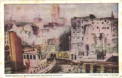 Fireboat Waterfront Fire Advertising Postcard Hartford Insurance Co c1910 Posted