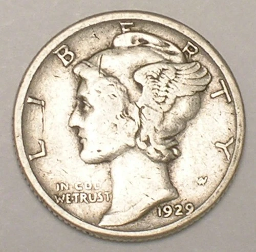 1929 S Mercury Winged Head Dime 10 Cents Silver Coin VF