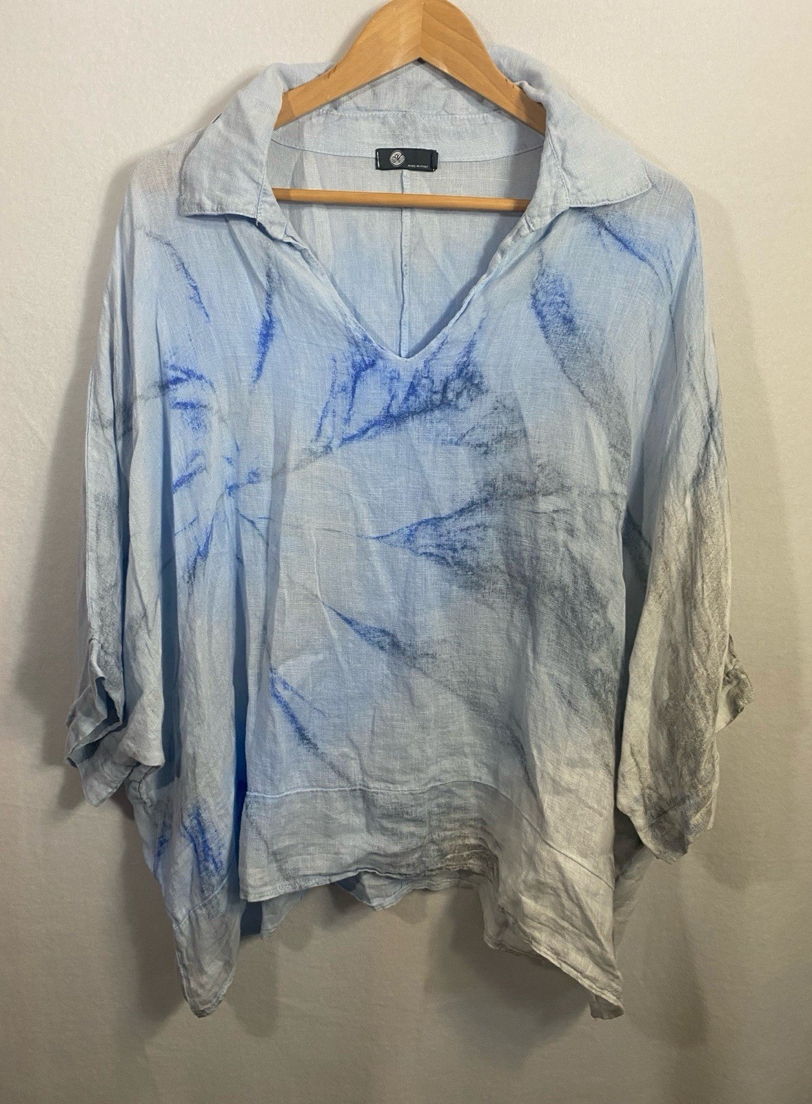 M Made In Italy Boho Chic Light Blue 100% Linen Long Sleeve Blouse Size XL