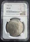 1922 Peace Dollar $1 NGC MS62 Silver Coin Philadelphia KM#150 #8690610-014