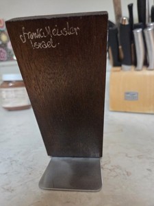 Frank Meisler Brass Shalom Mezuzah Case on Wood Backing, Hinged Door. Inscribed