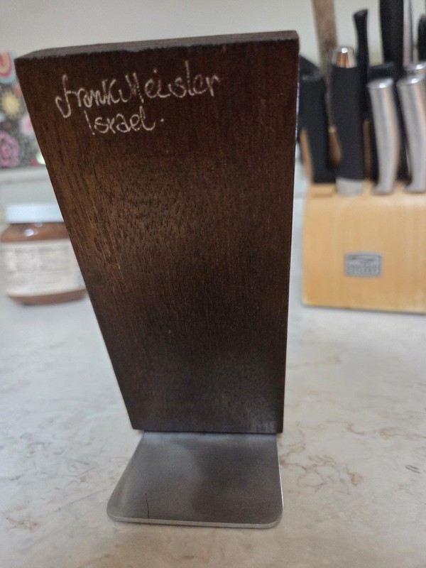Frank Meisler Brass Shalom Mezuzah Case on Wood Backing, Hinged Door. Inscribed