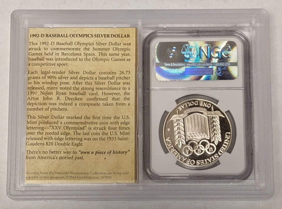 Smithsonian Baseball Collection 1992 S Olympic Silver Dollar NGC PF 69 Ultra CA - Image 2 of 4