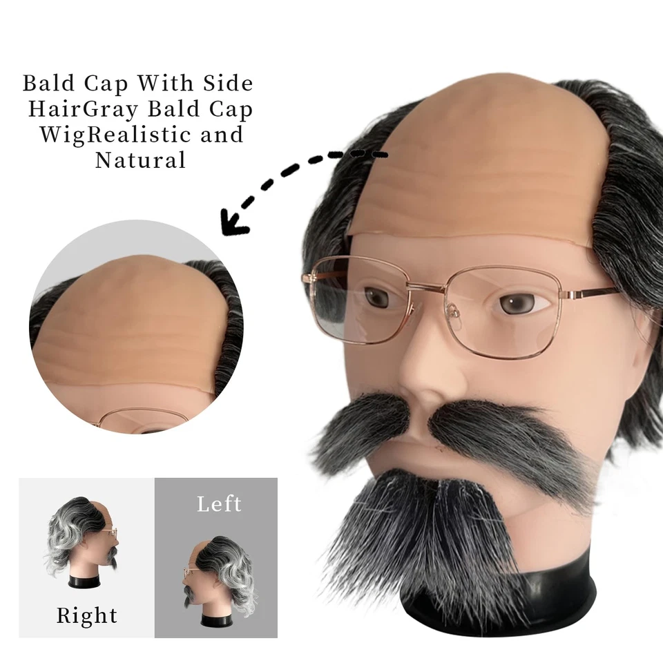 Conjunto de Disfraz Peluca Viejo, Divertida Gorra Calva con Pelo Gris, Bigote, Cejas, G... Foto 4 de 4