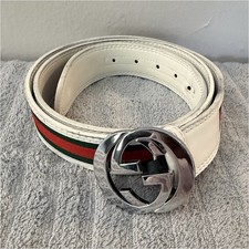 Gucci White Dress Belt Silver Buckle Red-Green Stripe Adjustable Men's