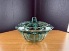Vintage Blue Aqua Glass Candy Dish with Lid Beaded Pattern Gorgeous