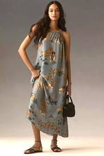 Farm Rio Anthropologie One-Shoulder Maxi Dress Mermaids Birds Slate XS NWT