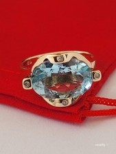 14K Yellow Gold Aquamarine and Diamonds Ring Size 7.75 Solid Gold