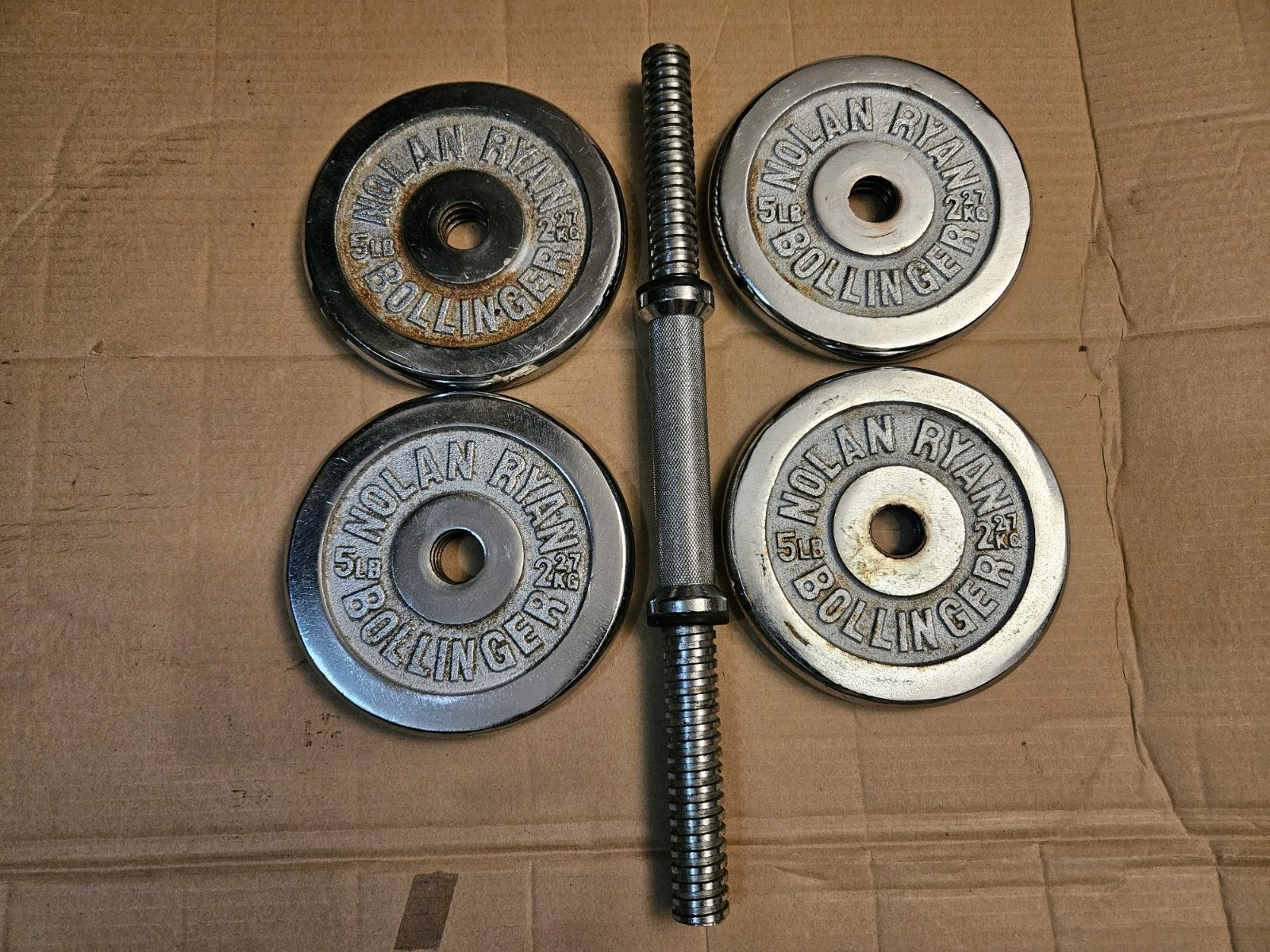Vintage Nolan Ryan Chrome Bollinger Four 5lb Threaded Plate Weights and Handle