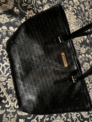 Michael Kors Black Patent Embossed Jet Set PVC Tote Bag Logo Pattern