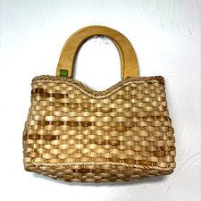 Vintage Woven Straw Purse Tote with Wooden Handles Cottagecore 10"x7" Brown Bag