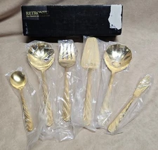 Retroneu Stainless Flatware DIAGONAL 6 Pcs Hostess Set #177006 NOS NEW GOLD TONE