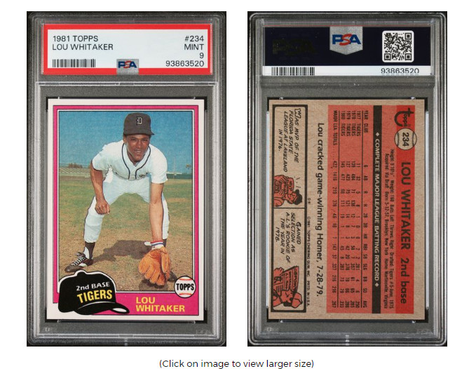 1981 Topps Baseball - #234 Lou Whitaker PSA 9 MINT