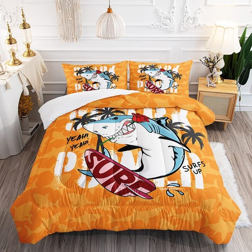 Cartoon Funny Shark Comforter Set, Hawaiian Beach Surfing Shark Bedding Bedsp... - 第 1/5 張圖片