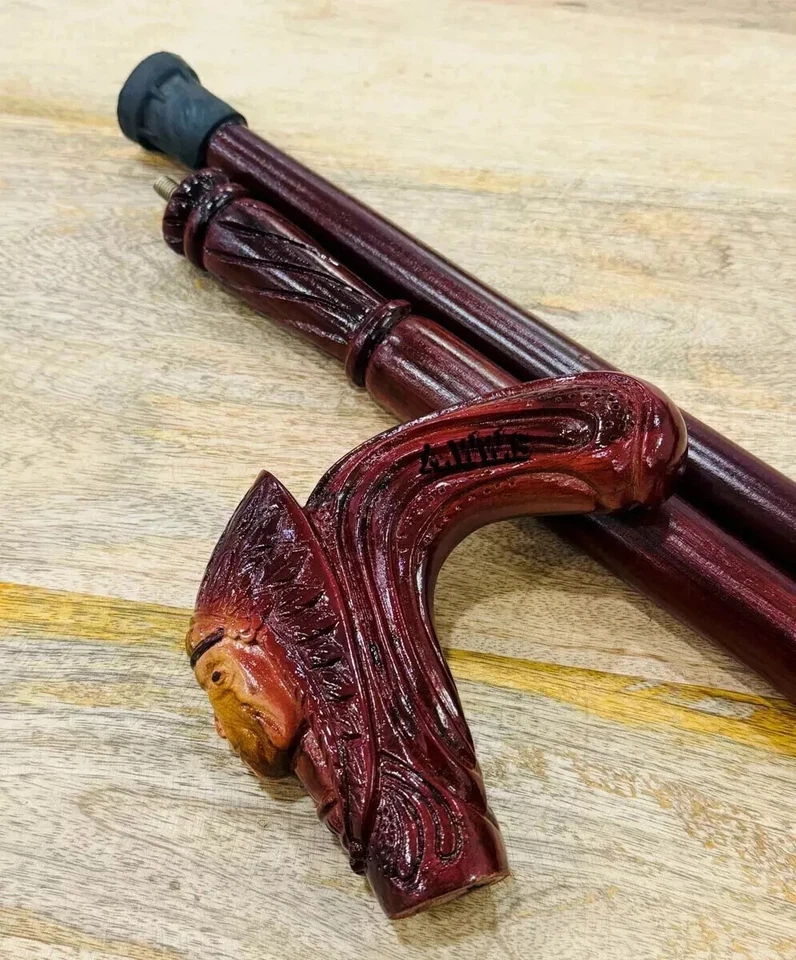 Bastón de madera para caminar jefe indio palo tallado a mano madera hecho a mano para hombres mujeres Foto 3 de 4