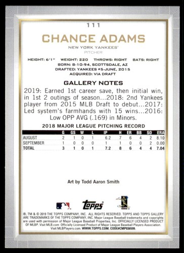 2019 TOPPS GALLERY CHANCE ADAMS RC NEW YORK YANKEES #111 - Picture 2 of 2