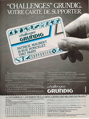 ADVERTISING ADVERTISING 045 1986 GRUNDIG card CHALLENGES supp PATRICK MAUBERT