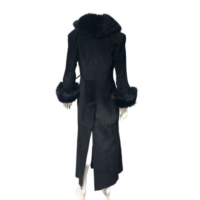 Vintage Y2K 2000s Express Black Suede Faux fur Long Coat Duster