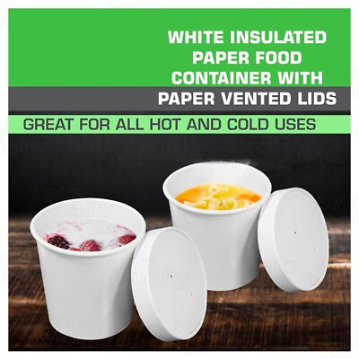 250 White Paper Round Food & Soup Containers with Vented Lids Recyclable 16 Oz.